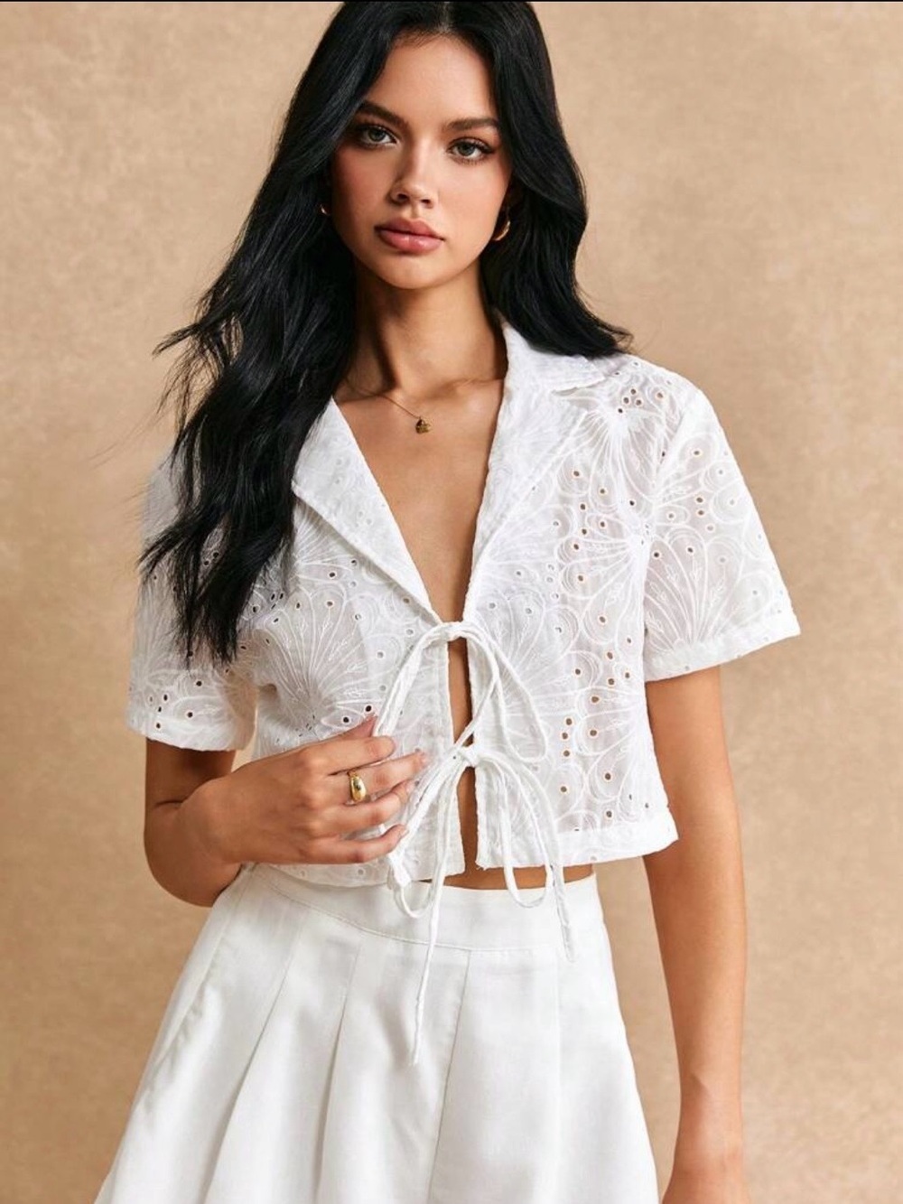SHEIN White Eyelet Tie-Front Cropped Blouse
